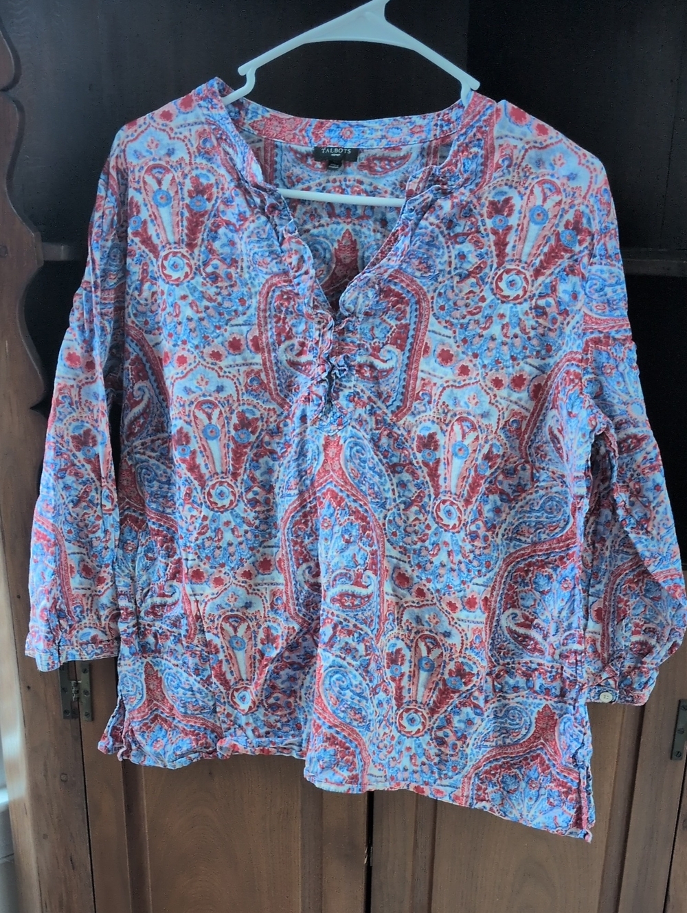 Talbots Red & Blue Paisley Ruffle V-Neck Tunic - Size 1X
